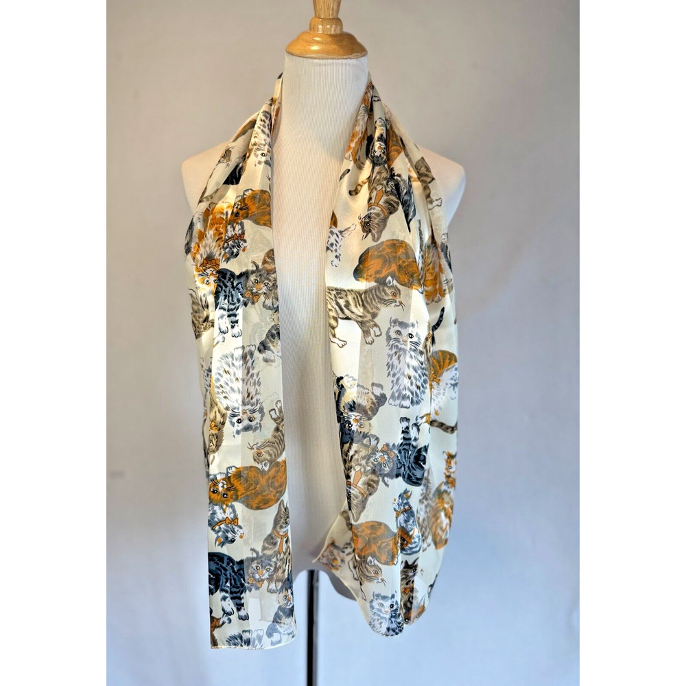 Vintage Tabby Calico Cats Scarf Rectangular Kittens Beige Gold White Whimsical